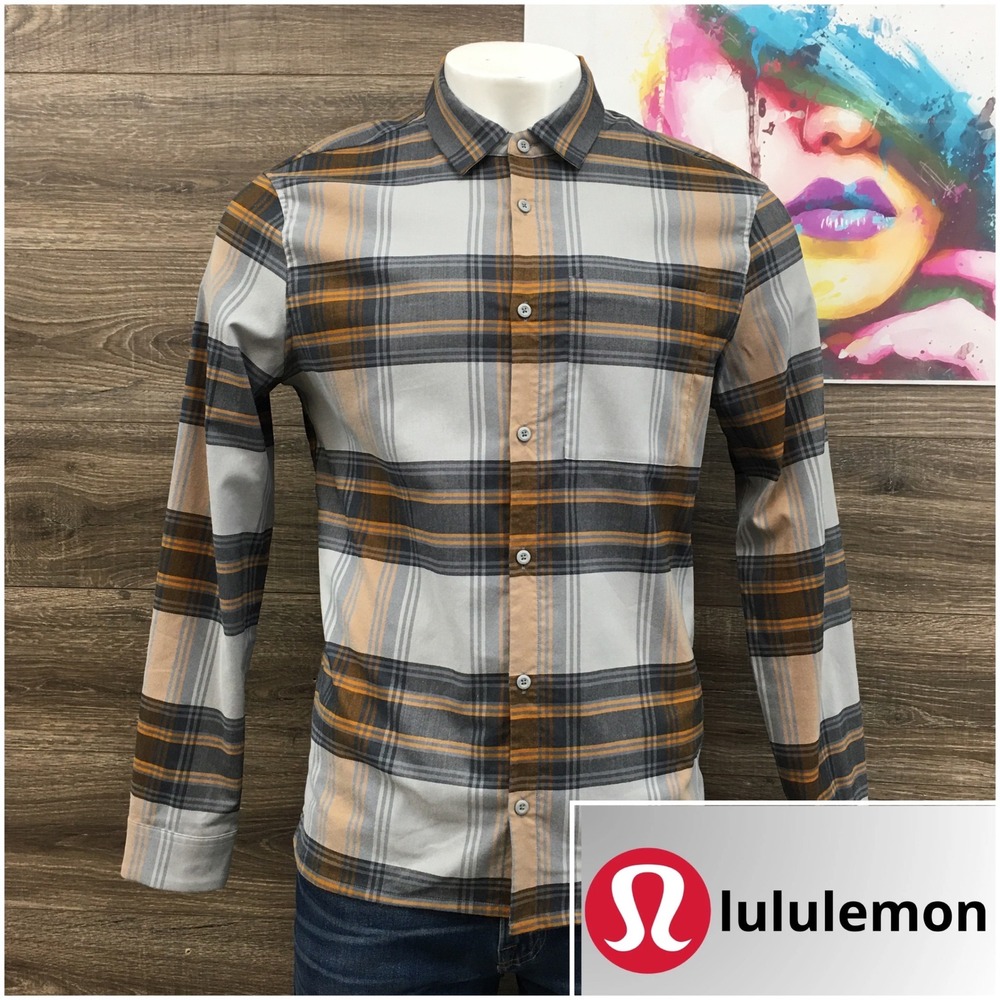 Lululemon Mens Plaid Button Down‎ Long Sleeve Shirt Gray Tan Size XL